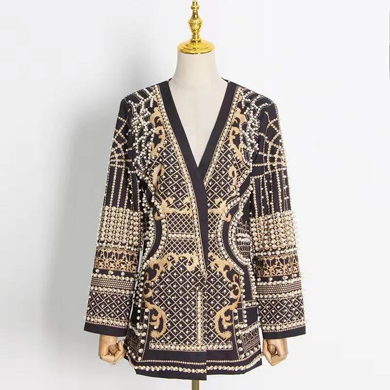 Fashion Beading V Neck Blazers - مراجعة Winter Clothing Taiwan وسعره