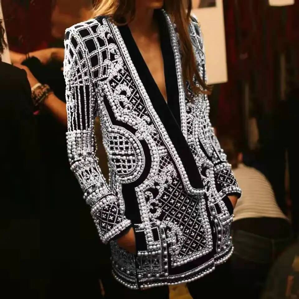 Fashion Beading V Neck Blazers - مراجعة Winter Clothing Taiwan وسعره