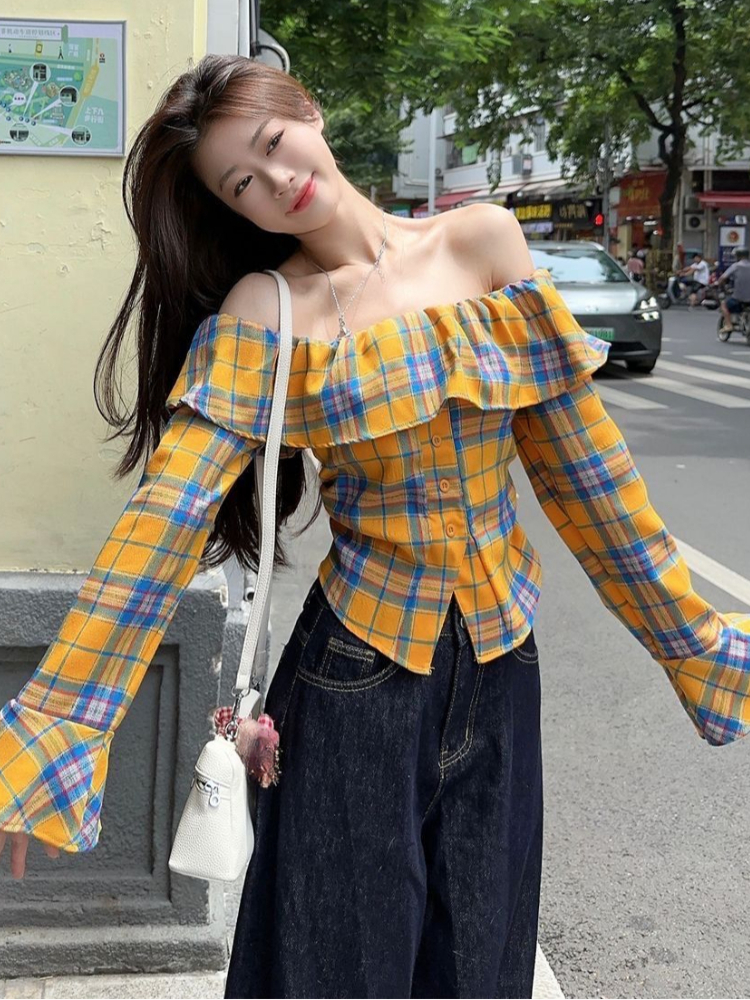 Y2k Gyaru Blouses Slash Neck F - مراجعة Winter Clothing Matching وسعره